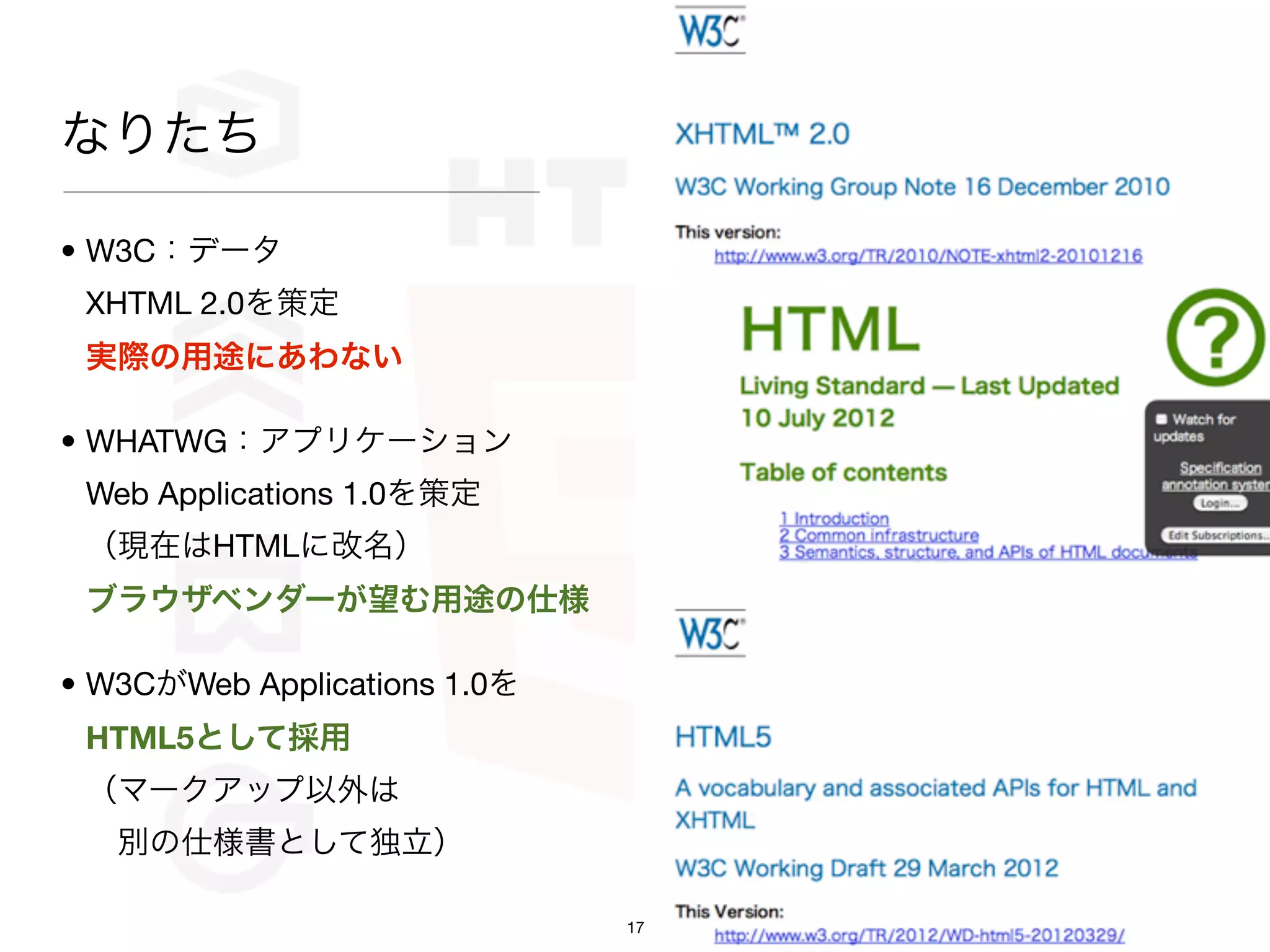 なりたち

• W3C：データ
 XHTML 2.0を策定
 実際の用途にあわない

• WHATWG：アプリケーション
 Web Applications 1.0を策定
 （現在はHTMLに改名）
 ブラウザベンダーが望む用途の仕様

• W3CがWeb Applications 1.0を
 HTML5として採用
 （マークアップ以外は
  別の仕様書として独立）

                              17
 