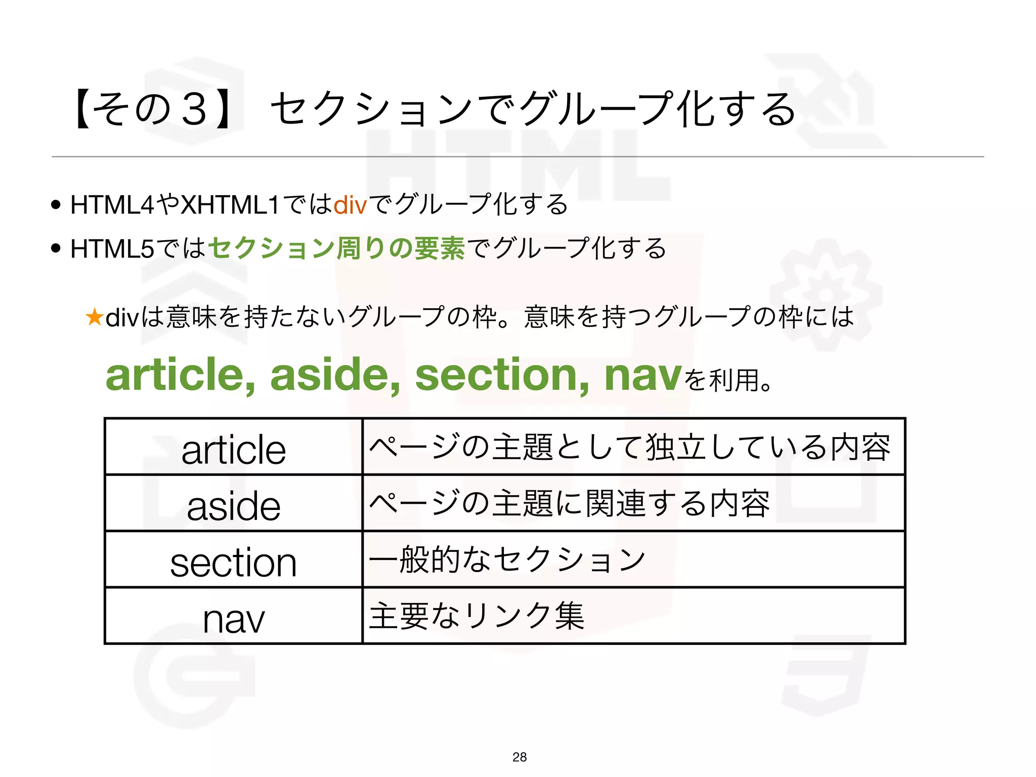 【その３】 セクションでグループ化する

• HTML4やXHTML1ではdivでグループ化する
• HTML5ではセクション周りの要素でグループ化する

 ★divは意味を持たないグループの枠。意味を持つグループの枠には

  article, aside, section, navを利用。
       article   ページの主題として独立している内容
       aside     ページの主題に関連する内容
      section    一般的なセクション
        nav      主要なリンク集



                        28
 