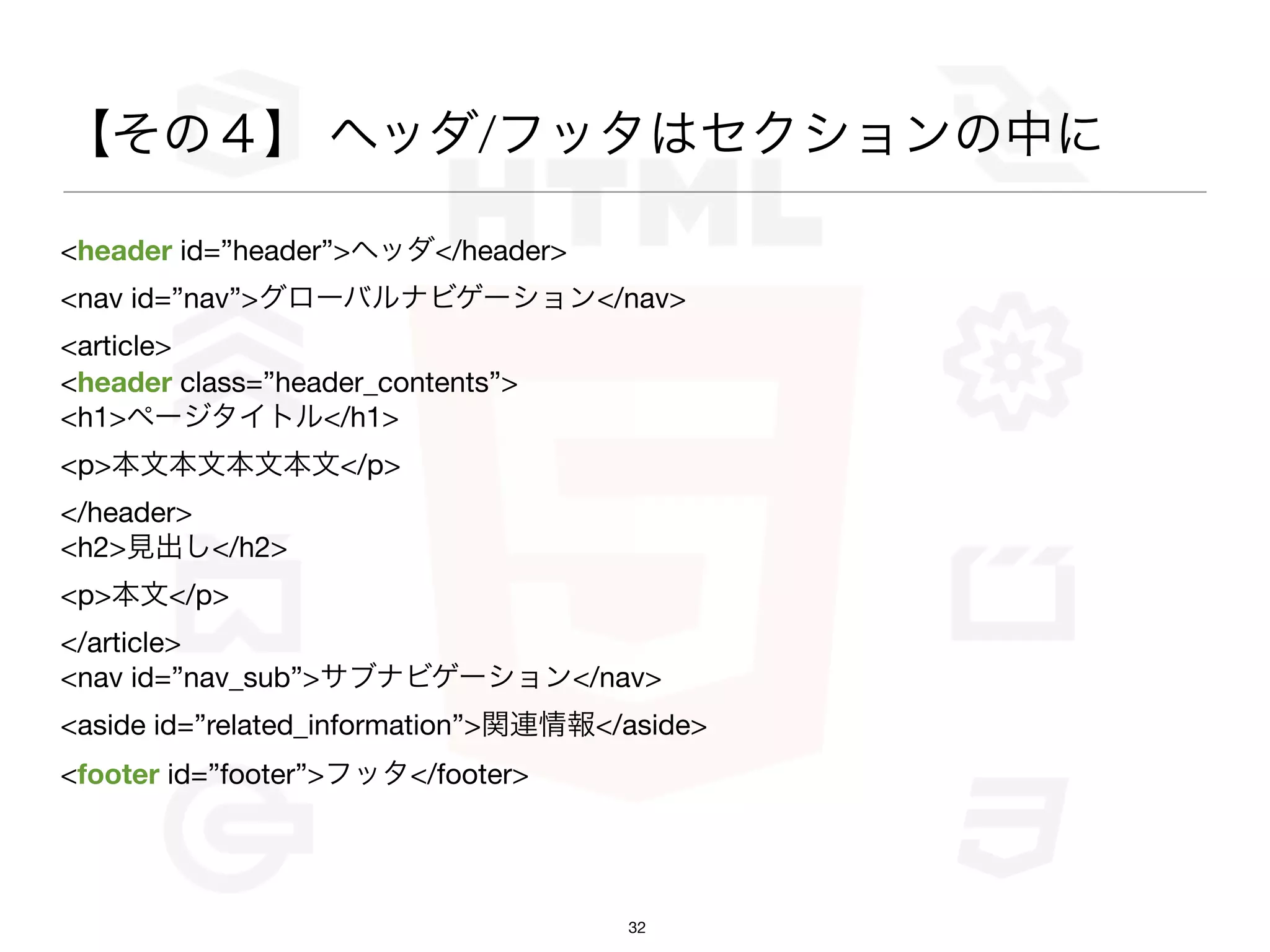 【その４】 ヘッダ/フッタはセクションの中に

<header id=”header”>ヘッダ</header>
<nav id=”nav”>グローバルナビゲーション</nav>
<article>
<header class=”header_contents”>
<h1>ページタイトル</h1>
<p>本文本文本文本文</p>
</header>
<h2>見出し</h2>
<p>本文</p>
</article>
<nav id=”nav_sub”>サブナビゲーション</nav>
<aside id=”related_information”>関連情報</aside>
<footer id=”footer”>フッタ</footer>




                                      32
 