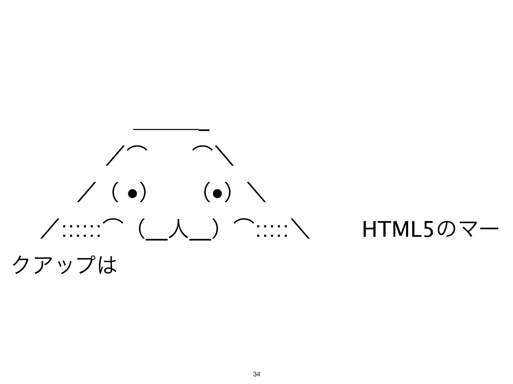        ＿＿＿_
     ／͡  ͡＼
   ／（ ●）  （●）＼
  ／::::::͡（__人__）͡:::::＼   HTML5のマー
クアップは



                 34
 