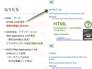 ʤꤿ

? W3Cǩ`
 XHTML 2.0߶
 gH;ˤʤ

? WHATWGץꥱ`
 Web Applications 1.0߶
 FڤHTML˸
 ֥饦٥`;˘

? W3CWeb Applications 1.0
 HTML5Ȥƒ
 ީ`å
 ?e˘Ȥƶ

                              17
 
