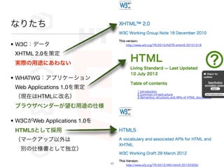 ʤꤿ

? W3Cǩ`
 XHTML 2.0߶
 gH;ˤʤ

? WHATWGץꥱ`
 Web Applications 1.0߶
 FڤHTML˸
 ֥饦٥`;˘

? W3CWeb Applications 1.0
 HTML5Ȥƒ
 ީ`å
 ?e˘Ȥƶ

                              17
 