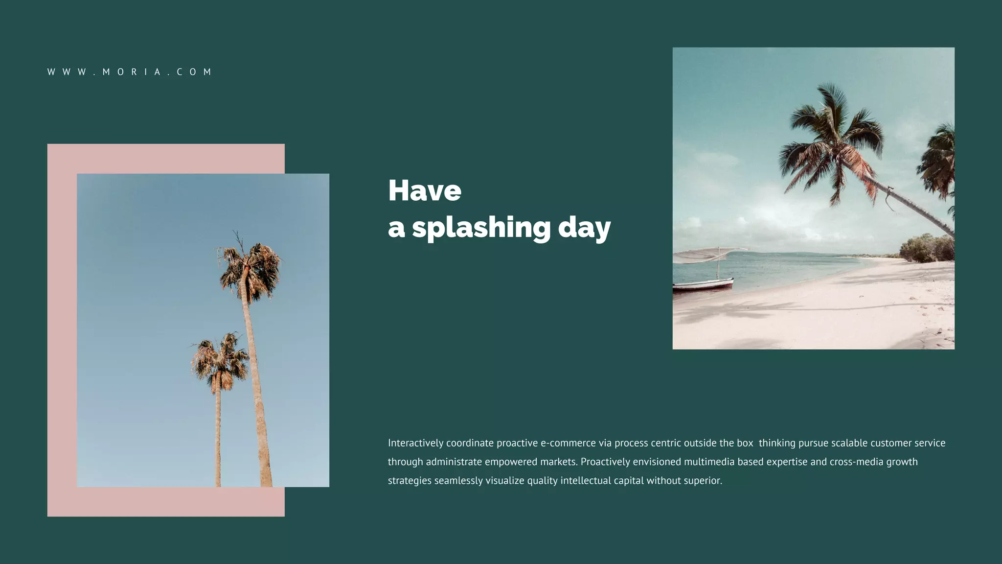 W W W . M O R I A . C O M
Have
a splashing day
Interactively coordinate proactive e-commerce via process centric outside the box thinking pursue scalable customer service
through administrate empowered markets. Proactively envisioned multimedia based expertise and cross-media growth
strategies seamlessly visualize quality intellectual capital without superior.
 