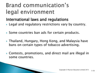 International laws and regulations
 Legal and regulatory restrictions vary by country.
 Some countries ban ads for certain products.
 Thailand, Hungary, Hong Kong, and Malaysia have
bans on certain types of tobacco advertising.
 Contests, promotions, and direct mail are illegal in
some countries.
Copyright © Pearson Education Limited 2015
3-26
 