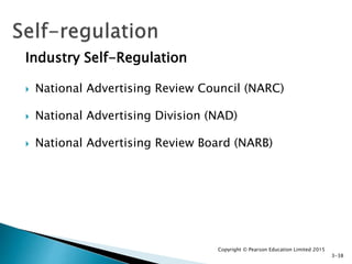 Industry Self-Regulation
 National Advertising Review Council (NARC)
 National Advertising Division (NAD)
 National Advertising Review Board (NARB)
Copyright © Pearson Education Limited 2015
3-38
 