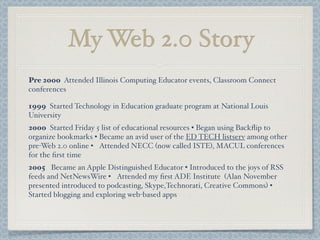 My Web 2.0 Story
2005 Became an Apple Distinguished Educator • Introduced to the joys of RSS
feeds and NetNewsWire • Attended my ﬁrst ADE Institute (Alan November
presented introduced to podcasting, Skype,Technorati, Creative Commons) •
Started blogging and exploring web-based apps
2000 Started Friday 5 list of educational resources • Began using Backﬂip to
organize bookmarks • Became an avid user of the ED TECH listserv among other
pre-Web 2.0 online • Attended NECC (now called ISTE), MACUL conferences
for the ﬁrst time
Pre 2000 Attended Illinois Computing Educator events, Classroom Connect
conferences
1999 Started Technology in Education graduate program at National Louis
University
 