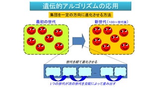 遺伝的アルゴリズムの応用
集団を一定の方向に進化させる方法
最初の世代 新世代（１００～世代後）
…
世代を経て進化させる
1つの世代が次の世代を交配によって産み出す
 