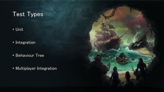 Test Types
• Unit
• Integration
• Behaviour Tree
• Multiplayer Integration
 