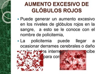 AUMENTO EXCESIVO DE
GLÓBULOS ROJOS
 Puede generar un aumento excesivo
en los niveles de glóbulos rojos en la
sangre, a esto se le conoce con el
nombre de policitemia,
 La policitemia puede llegar a
ocasionar derrames cerebrales o daño
en los tejidos internos si no se recibe
tratamiento para corregirla.
 