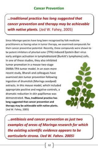 Cancer Prevention
…traditional practice has long suggested that
cancer prevention and therapy may be achievable
with native plants. (Jed W. Fahey, 2005)
Since Moringa species have long been recognized by folk medicine
practitioners as having value in tumor therapy, we examined compounds for
their cancer preventive potential. Recently, these compounds were shown to
be potent inhibitors of phorbol ester (TPA)-induced Epstein-Barr virus

early antigen activation in lymphoblastoid (Burkitt’s lymphoma) cells.
In one of these studies, they also inhibited
tumor promotion in a mouse two-stage
DMBA-TPA tumor model. In an even more
recent study, Bharali and colleagues have
examined skin tumor prevention following
ingestion of drumstick (Moringa seedpod)
extracts. In this mouse model, which included
appropriate positive and negative controls, a
dramatic reduction in skin papillomas was
demonstrated. Thus, traditional practice has
long suggested that cancer prevention and
therapy may be achievable with native plants.
(Jed W. Fahey, 2005)

…antibiosis and cancer prevention as just two
examples of areas of Moringa research for which
the existing scientific evidence appears to be
particularly strong. (Jed W. Fahey, 2005)
12

 