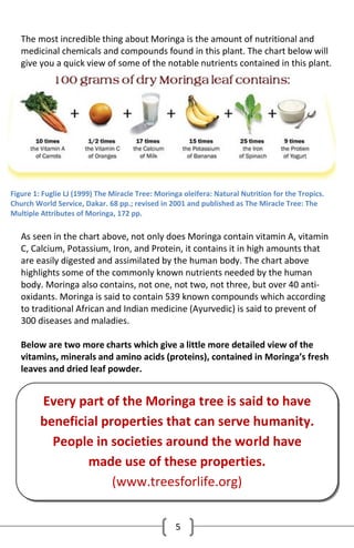 The most incredible thing about Moringa is the amount of nutritional and
medicinal chemicals and compounds found in this plant. The chart below will
give you a quick view of some of the notable nutrients contained in this plant.

Figure 1: Fuglie LJ (1999) The Miracle Tree: Moringa oleifera: Natural Nutrition for the Tropics.
Church World Service, Dakar. 68 pp.; revised in 2001 and published as The Miracle Tree: The
Multiple Attributes of Moringa, 172 pp.

As seen in the chart above, not only does Moringa contain vitamin A, vitamin
C, Calcium, Potassium, Iron, and Protein, it contains it in high amounts that
are easily digested and assimilated by the human body. The chart above
highlights some of the commonly known nutrients needed by the human
body. Moringa also contains, not one, not two, not three, but over 40 antioxidants. Moringa is said to contain 539 known compounds which according
to traditional African and Indian medicine (Ayurvedic) is said to prevent of
300 diseases and maladies.
Below are two more charts which give a little more detailed view of the
vitamins, minerals and amino acids (proteins), contained in Moringa’s fresh
leaves and dried leaf powder.

Every part of the Moringa tree is said to have
beneficial properties that can serve humanity.
People in societies around the world have
made use of these properties.
(www.treesforlife.org)
5

 