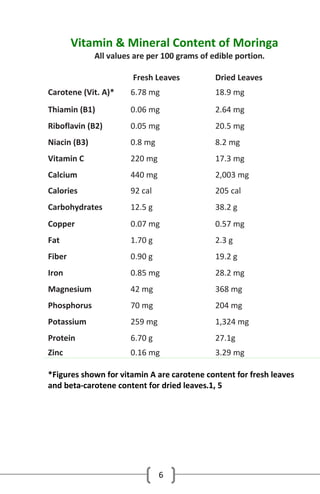 Vitamin & Mineral Content of Moringa
All values are per 100 grams of edible portion.
Fresh Leaves

Dried Leaves

Carotene (Vit. A)*

6.78 mg

18.9 mg

Thiamin (B1)

0.06 mg

2.64 mg

Riboflavin (B2)

0.05 mg

20.5 mg

Niacin (B3)

0.8 mg

8.2 mg

Vitamin C

220 mg

17.3 mg

Calcium

440 mg

2,003 mg

Calories

92 cal

205 cal

Carbohydrates

12.5 g

38.2 g

Copper

0.07 mg

0.57 mg

Fat

1.70 g

2.3 g

Fiber

0.90 g

19.2 g

Iron

0.85 mg

28.2 mg

Magnesium

42 mg

368 mg

Phosphorus

70 mg

204 mg

Potassium

259 mg

1,324 mg

Protein

6.70 g

27.1g

Zinc

0.16 mg

3.29 mg

*Figures shown for vitamin A are carotene content for fresh leaves
and beta-carotene content for dried leaves.1, 5

6

 