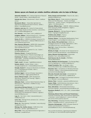 32 
Alshankiti, Abdullah, PhD | National Agriculture Research Center | Saudia Arabia | alshanki@yahoo.com 
Andrade (de), Áurea | Estudiomóvel | Brazil | olar@uol. com.br 
Bernasconi, Marco | Desarrollos Agrícolas S.A. (Agricultural Developments South America) (DESA) | Bolivia | marco@befund.com 
Calderón, José Luis, MD | Center for Cross-cultural Epidemiologic Studies at Drew University | www.cdrewu. edu | drcalderon@sbcglobal.net 
Coa, Kiemoko | Ivory Coast | kiem_coa@yahoo.fr 
Creighton, William | Natural Products Ltd. | Tanzania/ Northern Ireland | naturalproducts@hotmail.com 
Dewan, Dr. M. L. | HIMCON (Himalayan Consortium for Himalayan Conservation) | mldewan79@hotmail.com | www.indiasocial.org/himcon 
Diop, Ousmane Mamadou | ASPRO.2001 (Association pour la Santé Préventive de Rosso) | Mauritania | aspro.2001@caramail.com 
Elshaigi, Kamal M. A. | Agrotech Co. Ltd. | Sudan | kamalelshaigi@yahoo.com 
Fleischer, Konrad | Paraguay/Germany | 
www.morinngaonline.de | Fleischer-Aachen@gmx.de 
Fredrickson, Dr. Doren | Distinguished Professor of Public Health – University of Kansas School of Medicine | USA | dfredric@kumc.edu 
Fuglie, Lowell | Senegal | fuglie@telecomplus.sn 
Gautam, Ashvini | Gautam Global | India | 
www.gautamglobal.com | treeseeds@operamail.com 
Gnangle, Cesaire P. | Groupe de Recherche et d’Actions pour un Développement Durable | Benin | 
gnampaces@yahoo.fr 
Goettsch, Eggert | German-Ethiopian Association | Germany/Ethiopia | eggert.goettsch@web.de 
Gowon, Michael Joseph | DART (Development Alternatives, Research and Training) | Nigeria | 
dartnigeria@yahoo.com 
Hilbrands, Frank | Lutheran World Federation/Dept. for World Service | Mauritania | info@lwf-mrt.org | 
www.lwf-mrt.org 
International Moringa Network | Dr. Armelle de Saint Sauveur | France | www.moringanews.org 
Kasozi, Samson | WECADI (Wakiso Environment Conservation and Development Initiative) | Uganda | kasozi2000@yahoo.com 
Logu, D. | Tam Herb | India | www.tamherb.com | info@tamherb.com 
Lyons, Ann | Moringa Farms (Jamaica) Ltd. | Jamaica | ann.lyons@gmail.com 
Moern, Va | Mlup Baitong | Cambodia | www.mlup.org | mlup@online.com.kh 
Mulenga, Rev. Godfrey January | ALMS (Ark of Life Ministries) | Zambia | gjalms@yahoo.com 
Muny, Phat | Prek Leap National School of Agriculture | Cambodia | pnsa@mail.com 
Nirula, Deepak and Arvind Bahl | Trees for Life, India | deepaknirula@vsnl.com 
Nour Eldean, Hany A. | Public Authority of Agriculture Affairs and Fish Resources – Forestry and Range Department – Kuwait | Kuwait | www.geocities.com/ moringakw | hhnn@canada.com 
Obaweya, Williams Dayo | WAECHE (Williams Adedayo Enter Community Health Evangelism) | Nigeria | 
dosday2002@yahoo.com 
Ongonga, Michael O. | Moringa Research Agency | Kenya | ongongamoringa@yahoo.com 
Pontfarcy (de), Guilain | France | 
guilain.de-pontfarcy@wanadoo.fr 
Portman, Rodney | The Berkeley Reafforestation Trust | United Kingdom | portman@pec-brt.ndirect.co.uk 
Price, Martin, PhD and Beth Doerr | ECHO, Inc. (Ecological Concerns for Hunger Organization) | USA | mprice@echonet.org | www.echonet.org 
Rayl, Verl | Happy Farmers Maun | Botswana | 
rayland@botsnet.bw 
Riordan, Dr. Hugh | The Center for the Improvement of Human Functioning International | www.brightspot.org 
Sahoo, Manaswi and Saheb Sahu | Shakuntala Bidyadhar Trust | sbtrust@sancharnet.in 
Saint Sauveur (de), Dr. Armelle | PROPAGE | asauveur@wanadoo.fr 
Samp, Matthew and Carl Sorensen | The Moringa Blog | www.moringablog.com | info@moringablog.com 
Sehgal Foundation, The | Jay Sehgal | India | 
www.smsfoundation.org | smsf@smsfoundation.org 
Shumaker, Terry | Compañeros en Ministerio/Partners in Ministry | Mexico | www.companeros-partners.org | partnersinministry@prodigy.net 
Silva (da), Fernando José Araújo | Universidade de Fortaleza | Brazil | www.unifor.br | fjas@unifor.br 
Sindayigaya, Jean | Compagnie Commerciale de Mumuri S. A. | Burundi | ccmumuri@yahoo.fr 
Skinner, Peter | Australia | peterskinner@hotmail.com 
Snyder, Phillip | GLOW Ministries International | Haiti | philsnyder@sbcglobal.net | www.glowmi.com 
Sosa, Julio Gomez | Permacultora Dominicana | Dominican Republic | permacultoradominicana@msn.com 
Straatsma, Bradley R., M.D., J.D. | USA | straatsma@jsei. ucla.edu 
Tedonkeng, Etienne Pamo and Fernand Tendonkeng | University of Dschang, FASA, Animal Science Department | Cameroon | pamo_te@yahoo.fr | www.cm.refer.org/ edu/ram3/univers/udscha/udsc.htm 
Tsay, Hsin-sheng | Chaoyang University of Technology | Taiwan | hstsay@cyut.edu.tw | www.cyut.edu.tw/~ib 
Yohannes, Gebregeorgis | EBCEF (Ethiopian Books for Children and Educational Foundation) | 
asmedia@telecom.net.et | www.ethopiareads.org 
Quienes apoyan este llamado por estudios científicos adicionales sobre las hojas de Moringa: 
Para una lista de personas y organizaciones trabajando con Moringa, ver: www.treesforlife.org/Moringa/book  