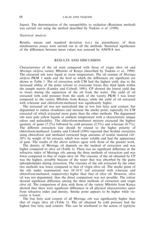 68 LALAS AND TSAKNIS 
Japan). The determination of the susceptibility to oxidation (Rancimat method) 
was carried out using the method described by Tsaknis et al. (1999). 
Statistical Analysis 
Results, means and standard deviation (S.D.) (in parenthesis), of three 
simultaneous assays were carried out in all the methods. Statistical significance 
of the differences between mean values was assessed by ANOVA test. 
RESULTS AND DISCUSSION 
Characteristics of the oil were compared with those of virgin olive oil and 
Moringa oleifera variety Mbololo of Kenya (described by Tsaknis et al., 1999). 
The extracted oils were liquid at room temperature. The oil content of Moringa 
oleifera PKM 1 seeds and the level at which the differences are significant are 
shown in Table 1. The oil extraction with CM had the highest yield, due to the 
increased ability of the polar solvent to overcome forces that bind lipids within 
the sample matrix (Lumley and Colwell, 1991). CP showed the lowest yield due 
to losses during the separation of the oil from the water. The yield of oil 
extracted with cold pressure from the seeds of the variety PKM 1 was lower 
compared to the variety Mbololo from Kenya, while the yield of oil extracted 
with n-hexane and chloroform:methanol was significantly higher. 
The extracted oil was not neutralized due to low free fatty acid content, but 
degummed to reduce cloudiness and increase the smoke point, especially for CM 
extracted oil which extracted more gums than the other methods. The degummed 
oils were pale yellow liquids at ambient temperature with a characteristic unique 
odour and palatability. The chloroform:methanol mixture extracted the highest 
quantity of gums (7.2%) followed by cold pressure (2.5%) and n-hexane (0.7%). 
The different extraction rate should be related to the higher polarity of 
chloroform:methanol. Lumley and Colwell (1991) reported that Soxhlet extraction 
using chloroform and methanol extracted large amounts of nonfat material (10– 
20% by weight of fat extract), which was water soluble and had the appearance 
of gum. The results of the above authors agree with those of the present work. 
The density of Moringa oil depends on the method of extraction and was 
higher compared to olive oil (Table 1). There was no significant difference in the 
refractive index of Moringa oils among the three methods of extraction and was 
lower compared to that of virgin olive oil. The viscosity of the oil obtained by CP 
was the highest, possibly because of the water that was absorbed by the gums 
(phospholipids) during extraction. The viscosity of the oils extracted by the other 
two methods was lower compared to that of virgin olive oil. The smoke point of 
the oils under examination was 10–161C (oil extracted with n-hexane and 
chloroform:methanol, respectively) higher than that of olive oil. However, olive 
oil was not degummed, thus the direct comparison was not possible. The colour 
showed significant difference among the three methods of extraction and virgin 
olive oil. The comparison of data with those of the variety Mbololo from Kenya 
showed that there were significant differences in all physical characteristics apart 
from refractive index and density. Smoke point appears to be higher while vis-cosity 
is lower. 
The free fatty acid content of all Moringa oils was significantly higher than 
that of virgin olive oil (Table 1). The oil obtained by cold pressure had the 
highest free fatty acid content. This can be attributed to the action of lypolytic 
 