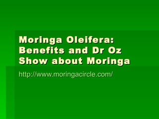 Moringa Oleifer a:
Benefits and Dr Oz
Show about Moringa
http://www.moringacircle.com/
 