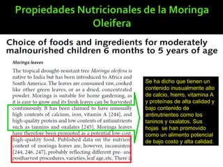 Se ha dicho que tienen un
contenido inusualmente alto
de calcio, hierro, vitamina A
y proteínas de alta calidad y
bajo contenido de
antinutrientes como los
taninos y oxalatos. Sus
hojas se han promovido
como un alimento potencial
de bajo costo y alta calidad.
 