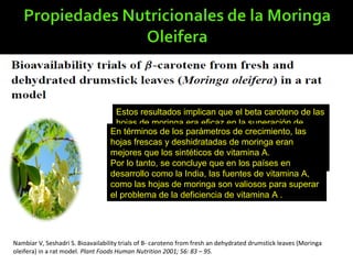 Nambiar V, Seshadri S. Bioavailability trials of B- caroteno from fresh an dehydrated drumstick leaves (Moringa
oleifera) in a rat model. Plant Foods Human Nutrition 2001; 56: 83 – 95.
Estos resultados implican que el beta caroteno de las
hojas de moringa era eficaz en la superación de
deficiencia de vitamina A, aunque la concentración
de vitamina A se mantuvo niveles algo más bajos en
comparación con el grupo tratado con acetato de
vitamina A.
En términos de los parámetros de crecimiento, las
hojas frescas y deshidratadas de moringa eran
mejores que los sintéticos de vitamina A.
Por lo tanto, se concluye que en los países en
desarrollo como la India, las fuentes de vitamina A,
como las hojas de moringa son valiosos para superar
el problema de la deficiencia de vitamina A .
 