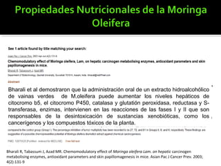Bharali R, Tabassum J, Azad MR. Chemomodulatory effect of Moringa oleifera Lam. on hepatic carcinogen
metabolising enzymes, antioxidant parameters and skin papillomagenesis in mice. Asian Pac J Cancer Prev. 2003;
4(2):131-9
Bharali et al demostraron que la administración oral de un extracto hidroalcohólico
de vainas verdes de M.oleifera puede aumentar los niveles hepáticos de
citocromo b5, el citocromo P450, catalasa y glutatión peroxidasa, reductasa y S-
transferasa, enzimas, intervienen en las reacciones de las fases I y II que son
responsables de la desintoxicación de sustancias xenobióticas, como los
cancerígenos y los compuestos tóxicos de la planta.
 