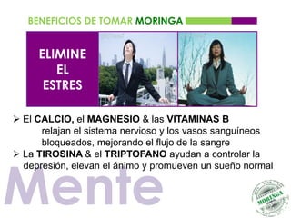 BENEFICIOS DE TOMAR MORINGA


     ELIMINE
        EL
      ESTRES

 El CALCIO, el MAGNESIO & las VITAMINAS B
      relajan el sistema nervioso y los vasos sanguíneos
      bloqueados, mejorando el flujo de la sangre
 La TIROSINA & el TRIPTOFANO ayudan a controlar la



Mente
  depresión, elevan el ánimo y promueven un sueño normal
 