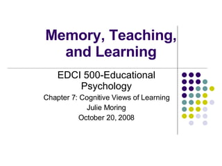 Memory, Teaching, and Learning EDCI 500-Educational Psychology Chapter 7: Cognitive Views of Learning Julie Moring October 20, 2008 