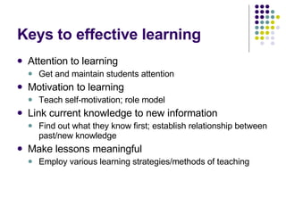 Keys to effective learning Attention to learning Get and maintain students attention Motivation to learning Teach self-motivation; role model Link current knowledge to new information Find out what they know first; establish relationship between past/new knowledge Make lessons meaningful Employ various learning strategies/methods of teaching 