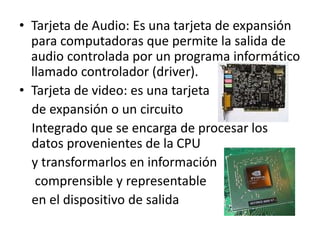 • Tarjeta de Audio: Es una tarjeta de expansión
para computadoras que permite la salida de
audio controlada por un programa informático
llamado controlador (driver).
• Tarjeta de video: es una tarjeta
de expansión o un circuito
Integrado que se encarga de procesar los
datos provenientes de la CPU
y transformarlos en información
comprensible y representable
en el dispositivo de salida
 