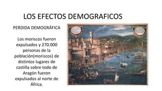 LOS EFECTOS DEMOGRAFICOS
PERDIDA DEMOGRÁFICA
Los moriscos fueron
expulsados y 270.000
personas de la
población(moriscos) de
distintos lugares de
castilla sobre todo de
Aragón fueron
expulsados al norte de
África.