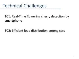 Technical Challenges
TC1: Real-Time flowering cherry detection by
smartphone
TC2: Efficient load distribution among cars
8
 
