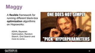 Maggy
A flexible framework for
running different black-box
optimization algorithms
on Hopsworks:
ASHA, Bayesian
Optimization, Random
Search, Grid Search and
more to come…
22
 