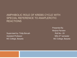 AMPHIBOLIC ROLE OF KREBS CYCLE WITH
SPECIAL REFERENCE TO ANAPLEROTIC
REACTIONS
Presented By
Morjina Parveen
Supervised by- Tridip Boruah Roll No.- 05
Assistant Professor MSc 2nd semester
MC College, Barpeta MC College, Barpeta
 