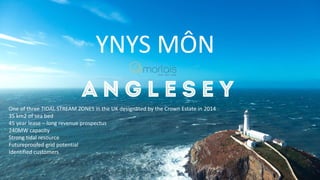 YNYS MÔN
One of three TIDAL STREAM ZONES in the UK designated by the Crown Estate in 2014
35 km2 of sea bed
45 year lease – long revenue prospectus
240MW capacity
Strong tidal resource
Futureproofed grid potential
Identified customers
 