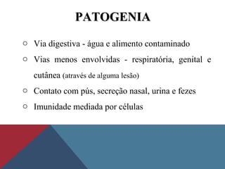 PATOGENIAPATOGENIA
o Via digestiva - água e alimento contaminado
o Vias menos envolvidas - respiratória, genital e
cutânea (através de alguma lesão)
o Contato com pús, secreção nasal, urina e fezes
o Imunidade mediada por células
 