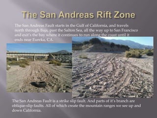 The San Andreas Rift ZoneThe San Andreas Fault starts in the Gulf of California, and travels north through Baja, past the Salton Sea, all the way up to San Francisco and exit’s the bay where it continues to run along the coast until it ends near Eureka, CA. The San Andreas Fault is a strike slip fault. And parts of it’s branch are oblique-slip faults. All of which create the mountain ranges we see up and down California. 