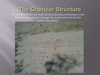 The Granular Structure The Mormon Rocks are made up of underlying sedimentary rocks that have been pushed through the eroded soil from the San Gabriel Mountains. 
