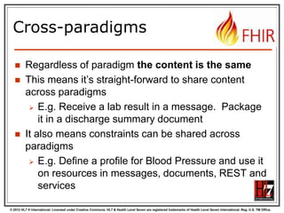 © 2012 HL7 ® International. Licensed under Creative Commons. HL7 & Health Level Seven are registered trademarks of Health Level Seven International. Reg. U.S. TM Office.
Cross-paradigms
 Regardless of paradigm the content is the same
 This means it’s straight-forward to share content
across paradigms
 E.g. Receive a lab result in a message. Package
it in a discharge summary document
 It also means constraints can be shared across
paradigms
 E.g. Define a profile for Blood Pressure and use it
on resources in messages, documents, REST and
services
 