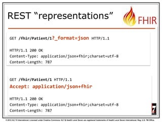 © 2012 HL7 ® International. Licensed under Creative Commons. HL7 & Health Level Seven are registered trademarks of Health Level Seven International. Reg. U.S. TM Office.
REST “representations”
GET /fhir/Patient/1?_format=json HTTP/1.1
HTTP/1.1 200 OK
Content-Type: application/json+fhir;charset=utf-8
Content-Length: 787
GET /fhir/Patient/1 HTTP/1.1
Accept: application/json+fhir
HTTP/1.1 200 OK
Content-Type: application/json+fhir;charset=utf-8
Content-Length: 787
 