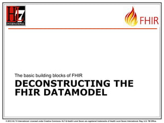 © 2012 HL7 ® International. Licensed under Creative Commons. HL7 & Health Level Seven are registered trademarks of Health Level Seven International. Reg. U.S. TM Office.
DECONSTRUCTING THE
FHIR DATAMODEL
The basic building blocks of FHIR
 