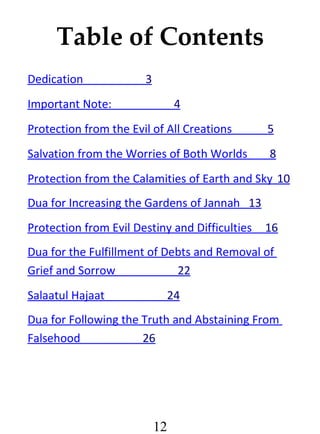 Table of Contents
Dedication

3

Important Note:

4

Protection from the Evil of All Creations

5

Salvation from the Worries of Both Worlds

8

Protection from the Calamities of Earth and Sky 10
Dua for Increasing the Gardens of Jannah 13
Protection from Evil Destiny and Difficulties

16

Dua for the Fulfillment of Debts and Removal of
Grief and Sorrow
22
Salaatul Hajaat

24

Dua for Following the Truth and Abstaining From
Falsehood
26

12

 