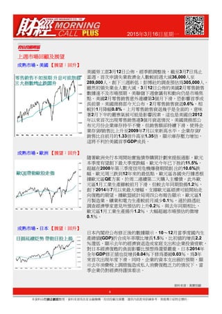 2015年3月16日星期一
上週市場回顧及展望上週市場回顧及展望上週市場回顧及展望上週市場回顧及展望
成熟市場成熟市場成熟市場成熟市場 - 美國美國美國美國 【【【【展望展望展望展望：：：：回升回升回升回升】】】】
美國勞工部3月12日公佈，經季節調整後，截至3月7日為止
當週，首次申請失業救濟金人數較前週大減36,000人至
289,000人，創下三週新低；彭博社的調查預估為305,000人。
雖然初領失業金人數大減，3月12日公佈的美國2月零售銷售
數據遠不及市場預期，美聯儲下週會議有和動向仍是市場焦
點。美國2月零售銷售意外連續第3個月下滑，恐影響首季成
長前景。美國商務部今天公布，2月零售銷售衰退0.6%，相
較於1月降幅0.8%。上月零售銷售衰退幾乎是全面的，意味
著2月下半的嚴寒氣候可能是影響因素。這也是美國自2012
年以來首次出現零售銷售連3個月衰退情況。美國商務部公
布元月份企業庫存持平不變，但銷售額卻持續下滑，使得企
業存貨/銷售比上升至2009年7月以來新高水平。企業存貨/
銷售比自前月的1.33倍升高至1.35倍，顯示庫存壓力增加，
這將不利於美國首季GDP成長。
隨著歐洲央行本周開始實施債券購買計劃來提振通膨，歐元
成熟成熟成熟成熟市場市場市場市場 - 歐洲歐洲歐洲歐洲 【【【【展望展望展望展望：：：：回升回升回升回升】】】】
9
本資料由行銷企劃部行銷企劃部行銷企劃部行銷企劃部整理，資料來源為各家金融機構、投信投顧及媒體，僅供內部教育訓練參考，無推薦介紹特定標的。
資料來源：萬寶投顧
隨著歐洲央行本周開始實施債券購買計劃來提振通膨，歐元
本季度有望創下最大季度跌幅。歐元今年已下挫約11.5%，
超越在2008年第三季度信用危機爆發期間創 出的10.6%跌
幅。歐元周三跌到12年來的最低點，歐元區各國央行據悉根
據歐元區QE方案，於周二連續第二天購入主權債。此外歐
元區1月工業生產雖較前月下滑，但較去年同期勁揚1.2％，
創下2014年7月以來最大增幅，支撐歐元區經濟可能開始走
向復甦的期望。據歐盟統計局周四公布報告顯示，歐元區1
月製造業、礦業和電力生產較前月減少0.1％，遜於路透社
調查經濟學家意見所預估的上升0.2％。與去年同期相比，
歐元區1月工業生產揚升1.2％，大幅超越市場預估的微增
0.1％。
日本內閣府公布修正後的數據顯示，10～12月當季度國內生
產總值(GDP)折合成年率環比增長1.5％，比初值的增長2.2
％還低，顯示去年的經濟衰退造成家庭支出和企業投資疲軟，
對日本經濟復甦的負面影響比預想得還要嚴重。日本2014年
全年GDP修正值也從增長0.04％下修為萎縮0.03％，為3年
來首次出現年度下滑。同時，企業的資本支出弱於預期，顯
示去年消費稅上調措施造成私人消費復甦乏力的情況下，當
季企業仍對經濟持謹慎看法。
成熟成熟成熟成熟市場市場市場市場 - 日本日本日本日本 【【【【展望展望展望展望：：：：回升回升回升回升】】】】
 