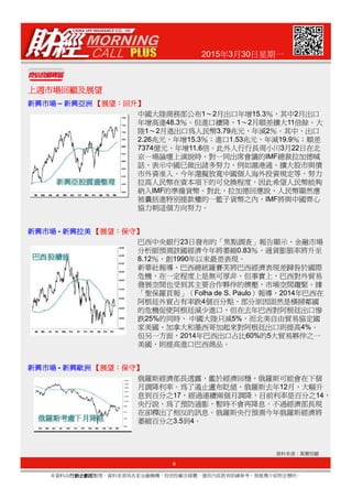 2015年3月30日星期一
上週市場回顧及展望上週市場回顧及展望上週市場回顧及展望上週市場回顧及展望
新興市場新興市場新興市場新興市場 – 新興亞洲新興亞洲新興亞洲新興亞洲 【【【【展望展望展望展望：：：：回升回升回升回升】】】】
中國大陸商務部公布1～2月出口年增15.3％，其中2月出口
年增高達48.3％。但進口續降，1～2月順差擴大11倍餘。大
陸1～2月進出口為人民幣3.79兆元，年減2％。其中，出口
2.26兆元，年增15.3％；進口1.53兆元，年減19.9％；順差
7374億元，年增11.6倍。此外人行行長周小川3月22日在北
京一場論壇上演說時，對一同出席會議的IMF總裁拉加德喊
話，表示中國已做出諸多努力，例如滬港通、擴大股市與債
市外資准入、今年還擬放寬中國個人海外投資規定等，努力
拉高人民幣在資本項下的可兌換程度，因此希望人民幣能夠
納入IMF的準備貨幣。對此，拉加德回應說，人民幣顯然應
被囊括進特別提款權的一籃子貨幣之內，IMF將與中國齊心
協力朝這個方向努力。
巴西中央銀行23日發布的「焦點調查」報告顯示，金融市場
分析師預測該國經濟今年將萎縮0.83％，通貨膨脹率將升至
新興市場新興市場新興市場新興市場 - 新興拉美新興拉美新興拉美新興拉美 【【【【展望展望展望展望：：：：保守保守保守保守】】】】
8
本資料由行銷企劃部行銷企劃部行銷企劃部行銷企劃部整理，資料來源為各家金融機構、投信投顧及媒體，僅供內部教育訓練參考，無推薦介紹特定標的。
資料來源：萬寶投顧
分析師預測該國經濟今年將萎縮0.83％，通貨膨脹率將升至
8.12％，創1990年以來最差表現。
新華社報導，巴西總統羅賽芙將巴西經濟表現差歸咎於國際
危機，在一定程度上是無可厚非，但事實上，巴西對外貿易
發展空間也受到其主要合作夥伴的擠壓，市場空間趨緊。據
「聖保羅頁報」（Folha de S. Paulo）報導，2014年巴西在
阿根廷外貿占有率跌4個百分點，部分原因固然是橫掃鄰國
的危機促使阿根廷減少進口，但在去年巴西對阿根廷出口慘
跌25%的同時， 中國大陸只減5%，而北美自由貿易協定國
家美國、加拿大和墨西哥加起來對阿根廷出口則提高4%。
但另一方面，2014年巴西出口占比60%的5大貿易夥伴之一
美國，則提高進口巴西商品。
俄羅斯經濟部長透露，鑑於經濟回穩，俄羅斯可能會在下個
月調降利率。為了遏止盧布貶值，俄羅斯去年12月，大幅升
息到百分之17，經過連續兩個月調降，目前利率是百分之14，
央行說，為了預防通膨，暫時不會再降息。不過經濟部長現
在卻釋出了相反的訊息。俄羅斯央行預測今年俄羅斯經濟將
萎縮百分之3.5到4。
新興市場新興市場新興市場新興市場 - 新興歐洲新興歐洲新興歐洲新興歐洲 【【【【展望展望展望展望：：：：保守保守保守保守】】】】
 