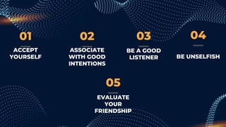 01
ASSOCIATE
WITH GOOD
INTENTIONS
BE A GOOD
LISTENER
ACCEPT
YOURSELF
02 03
BE UNSELFISH
04
EVALUATE
YOUR
FRIENDSHIP
05
 