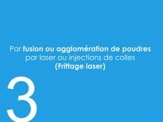 Par fusion ou agglomération de poudres
par laser ou injections de colles
(Frittage laser)
 