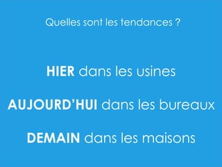 HIER dans les usines
AUJOURD’HUI dans les bureaux
DEMAIN dans les maisons
Quelles sont les tendances ?
 