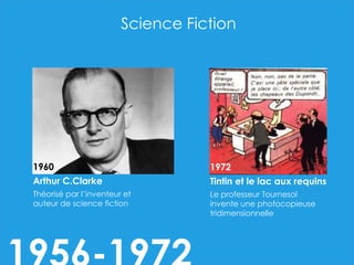 1972
Tintin et le lac aux requins
Le professeur Tournesol
invente une photocopieuse
tridimensionnelle
1960
Arthur C.Clarke
Théorisé par l’inventeur et
auteur de science fiction
Science Fiction
 