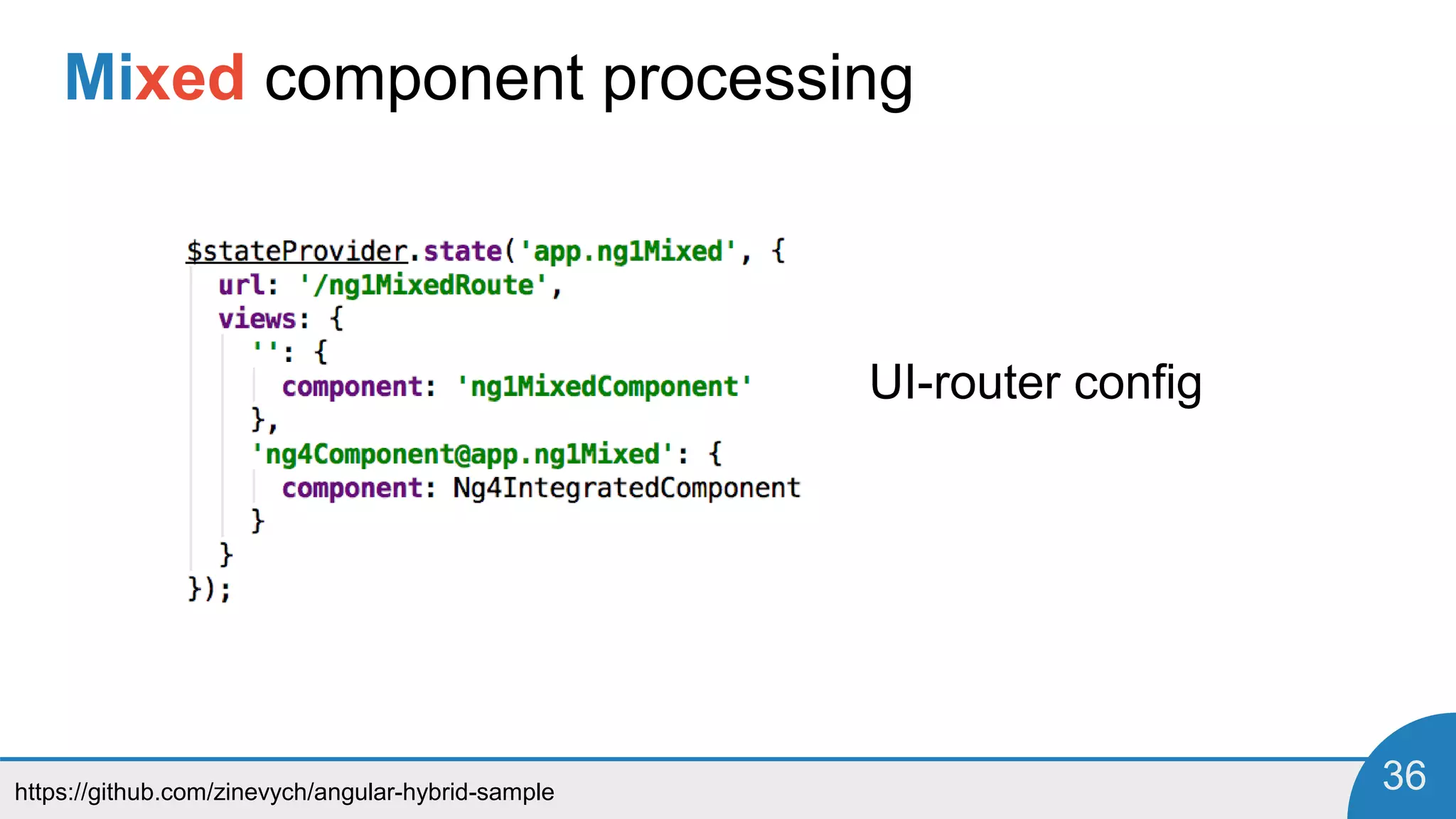 https://github.com/zinevych/angular-hybrid-sample 36
Mixed component processing
UI-router config
 