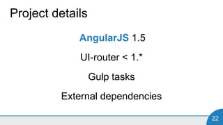 22
Project details
AngularJS 1.5
UI-router < 1.*
Gulp tasks
External dependencies
 