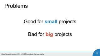 https://larseidnes.com/2014/11/05/angularjs-the-bad-parts/ 6
Problems
Good for small projects
Bad for big projects
 