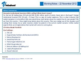 V     Valuehunt
                                                                 Morning Notes – 22 November 2012

  Market Commentary
  Domestic Institutional Investors (DII) is selling! What does it mean?
  For the last 30 trading days, DII had sold INR 52,431 million worth of stocks. Guess who is the buyer? Foreign
  Institutional Investors (FII). DII sells – FII buys! This is a sign of market weakness. This is a clear indicator that
  market valuation is not justified. Who else would know much better about the market than its own people? DIIs
  are from this country – they might know better about this country. They are making use of this situation and
  cashing their money. So as value investors, better be patient in the current market scenario. Unlike market
  experts think, we strongly believe that market will correct in coming days.
  CP-Artha Model Portfolio
  Our holdings:
     1. FDC Ltd
     2. Gujarat State Fertilizers & Chemicals Ltd (GFSC)
     3. Menon Bearings Ltd
     4. Jindal Poly Films Ltd
     5. Parrys Sugar Industries Ltd
     6. Kilitch Drugs India Ltd
     7. Brescon Advisors & Holdings Ltd
     8. Liberty Phosphate Ltd
     9. Rossell India Ltd



Contact Us:
E-Mail : dhananjayan@artha-cap.com | Mobile : +91 96294 74080
 