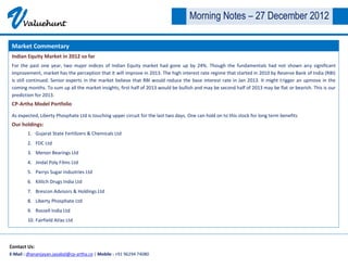 V     Valuehunt
                                                                                     Morning Notes – 27 December 2012

 Market Commentary
 Indian Equity Market in 2012 so far
 For the past one year, two major indices of Indian Equity market had gone up by 24%. Though the fundamentals had not shown any significant
 improvement, market has the perception that it will improve in 2013. The high interest rate regime that started in 2010 by Reserve Bank of India (RBI)
 is still continued. Senior experts in the market believe that RBI would reduce the base interest rate in Jan 2013. It might t rigger an upmove in the
 coming months. To sum up all the market insights, first half of 2013 would be bullish and may be second half of 2013 may be flat or bearish. This is our
 prediction for 2013.
 CP-Artha Model Portfolio

 As expected, Liberty Phosphate Ltd is touching upper circuit for the last two days. One can hold on to this stock for long term benefits
 Our holdings:
        1. Gujarat State Fertilizers & Chemicals Ltd
        2. FDC Ltd
        3. Menon Bearings Ltd
        4. Jindal Poly Films Ltd
        5. Parrys Sugar Industries Ltd
        6. Kilitch Drugs India Ltd
        7. Brescon Advisors & Holdings Ltd
        8. Liberty Phosphate Ltd
        9. Rossell India Ltd
        10. Fairfield Atlas Ltd




Contact Us:
E-Mail : dhananjayan.jayabal@cp-artha.co | Mobile : +91 96294 74080
 