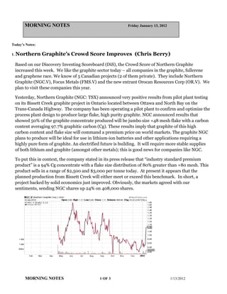 MORNING NOTES                                       Friday January 13, 2012




Today’s Notes:

1. Northern      Graphite’s Crowd Score Improves (Chris Berry)
 Based on our Discovery Investing Scoreboard (DiS), the Crowd Score of Northern Graphite
 increased this week. We like the graphite sector today – all companies in the graphite, fullerene
 and graphene race. We know of 5 Canadian projects (2 of them private). They include Northern
 Graphite (NGC.V), Focus Metals (FMS.V) and the new entrant Orocan Resources Corp (OR.V). We
 plan to visit these companies this year.

 Yesterday, Northern Graphite (NGC: TSX) announced very positive results from pilot plant testing
 on its Bissett Creek graphite project in Ontario located between Ottawa and North Bay on the
 Trans-Canada Highway. The company has been operating a pilot plant to confirm and optimize the
 process plant design to produce large flake, high purity graphite. NGC announced results that
 showed 50% of the graphite concentrate produced will be jumbo size +48 mesh flake with a carbon
 content averaging 97.7% graphitic carbon (Cg). These results imply that graphite of this high
 carbon content and flake size will command a premium price on world markets. The graphite NGC
 plans to produce will be ideal for use in lithium-ion batteries and other applications requiring a
 highly pure form of graphite. An electrified future is building. It will require more stable supplies
 of both lithium and graphite (amongst other metals); this is good news for companies like NGC.

 To put this in context, the company stated in its press release that “industry standard premium
 product” is a 94% Cg concentrate with a flake size distribution of 80% greater than +80 mesh. This
 product sells in a range of $2,500 and $3,000 per tonne today. At present it appears that the
 planned production from Bissett Creek will either meet or exceed this benchmark. In short, a
 project backed by solid economics just improved. Obviously, the markets agreed with our
 sentiments, sending NGC shares up 24% on 408,000 shares.




       MORNING NOTES                        1 OF 3                                   1/13/2012
 